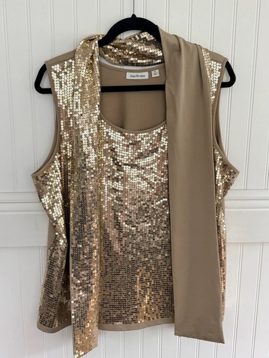 Joan Rivers Tops - Joan Rivers golden sequin tank top with scarf, EUC